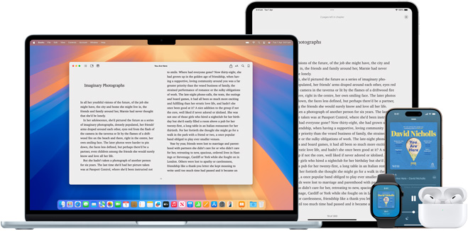 MacBook Pro and iPad Air display a page from the same ebook in the Books app. Apple Watch and iPhone 15 screens display a book cover from the same audiobook. An AirPods Pro case open to show both AirPods Pro earbuds.