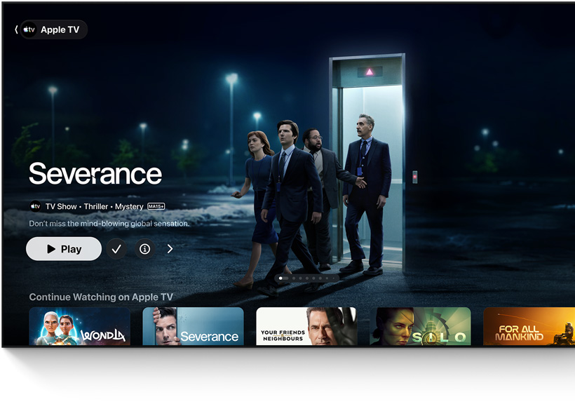 Apple TV app, featured title: Severance, people walk out of an elevator into a car park, Continue Watching row below