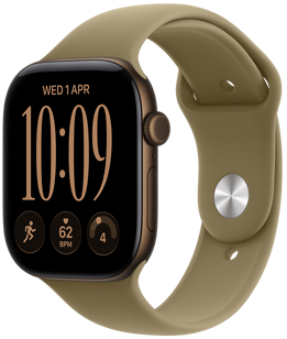 Apple Watch Series 12, aluminium case, dark bronze colour, Modular Compact  watch face, complications: day and date, Run workout, heart rate, readiness, right side exterior, Digital Crown, side button, Sport Band, olive colour