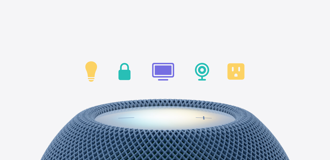HomePod mini 2, top exterior, blue colour, illuminated touch surface, five smart home icons above: lightbulb, padlock, television, security camera, thermometer