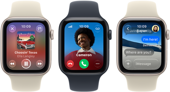 Три устройства Apple Watch SE 3 едно до друго, едното показва Apple Music приложението, другото входящо телефонно обаждане, а третото размяна на съобщения