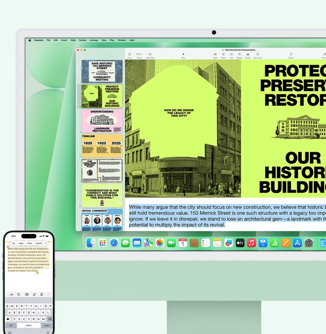 Зелен iMac и iPhone един до друг. Съобщение от приложението Notes на iPhone се копира и пейства на iMac