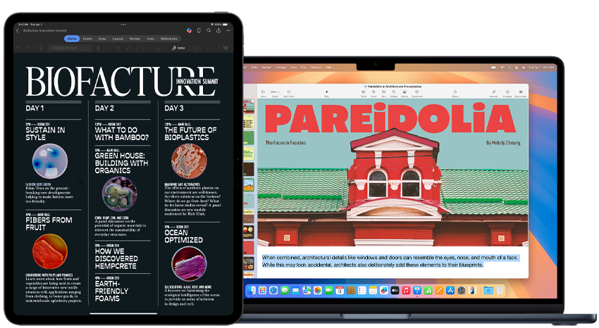 Projetos escolares em um iPad e MacBook.