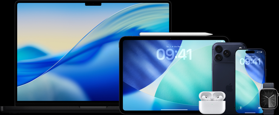 Produtos Apple, incluindo MacBook Pro, iPad, Apple Pencil Pro, AirPods Pro 2, iPhone 17 Pro Max, iPhone 17 Pro e Apple Watch Series 11