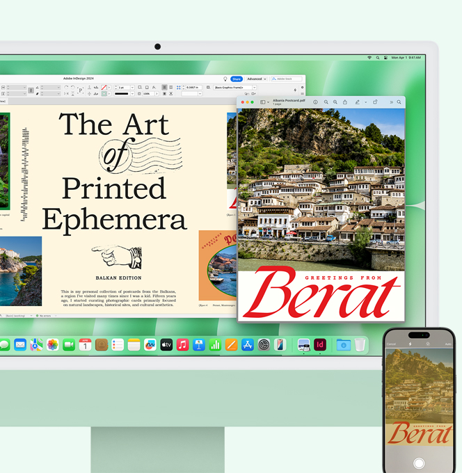 Um iMac verde e um iPhone lado a lado. Um documento digitalizado no iPhone aparece na tela do iMac