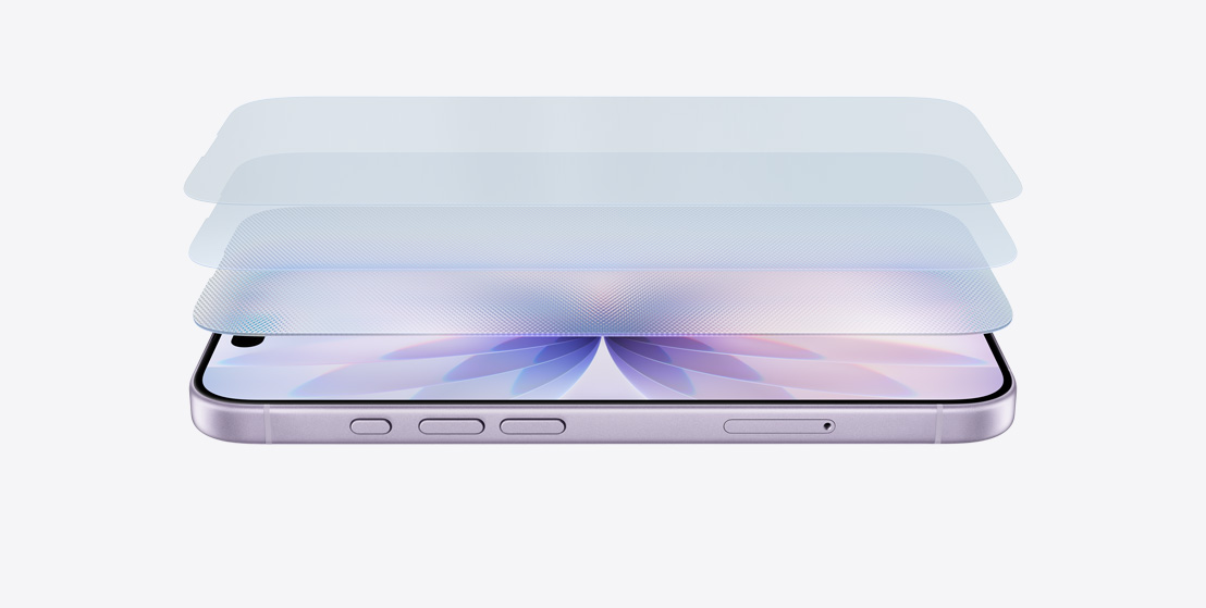 Imagem horizontal do iPhone 17 lavanda, com design em camadas que mostra o Ceramic Shield 2.