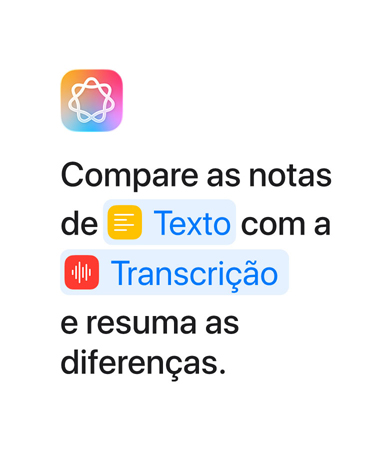 Exemplo no app Atalhos com a mensagem Compare as notas de Texto com a Transcrição e confira as diferenças, com as palavras 