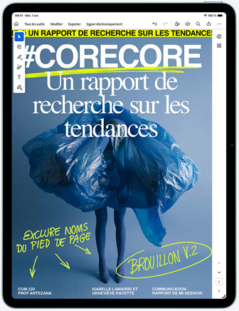 iPad Air, face avant, affichant le lecteur de PDF Adobe Acrobat dans un projet de création en cours