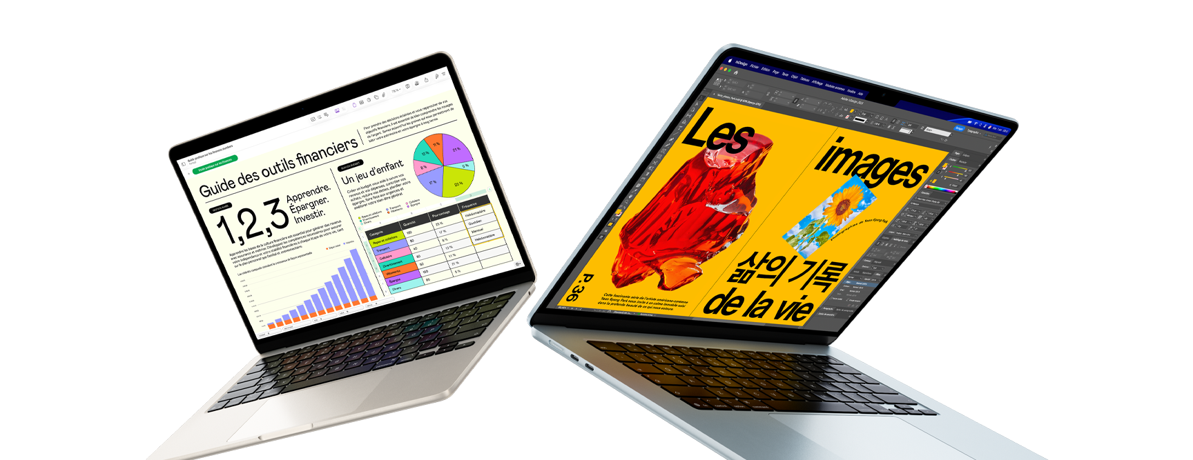 Un MacBook Air 13 pouces et un MacBook Air 15 pouces – l’écran de l’un montre un projet en cours dans Numbers, celui de l’autre montre un projet de design