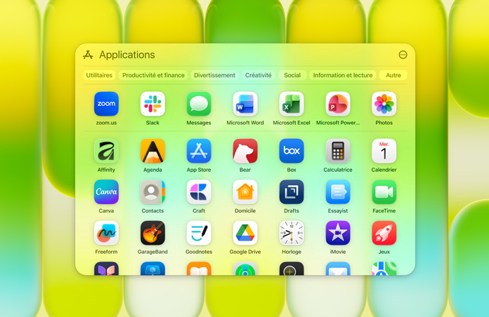 Fenêtre Applications contenant Microsoft PowerPoint, Word, Excel et OneNote, Google Chrome, Google Drive, FaceTime, Messages, Photos, Notes, Canva, WhatsApp, Zoom, Essayist, Craft, Affinity, Box et Todoist