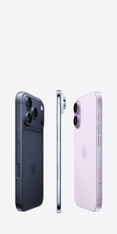 iPhone 17 Pro, parte trasera, sistema de cámaras Pro Fusion en la parte superior, iPhone Air, parte lateral de titanio muy delgada, iPhone 17, parte trasera, sistema avanzado de dos cámaras en la esquina superior izquierda