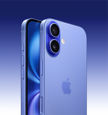 iPhone 16 en color ultramarino, con parte de la pantalla visible y vista lateral que permite ver el Botón de Acción, el botón de volumen y el botón lateral. Parte trasera que muestra el sistema avanzado de dos cámaras en la esquina superior izquierda.