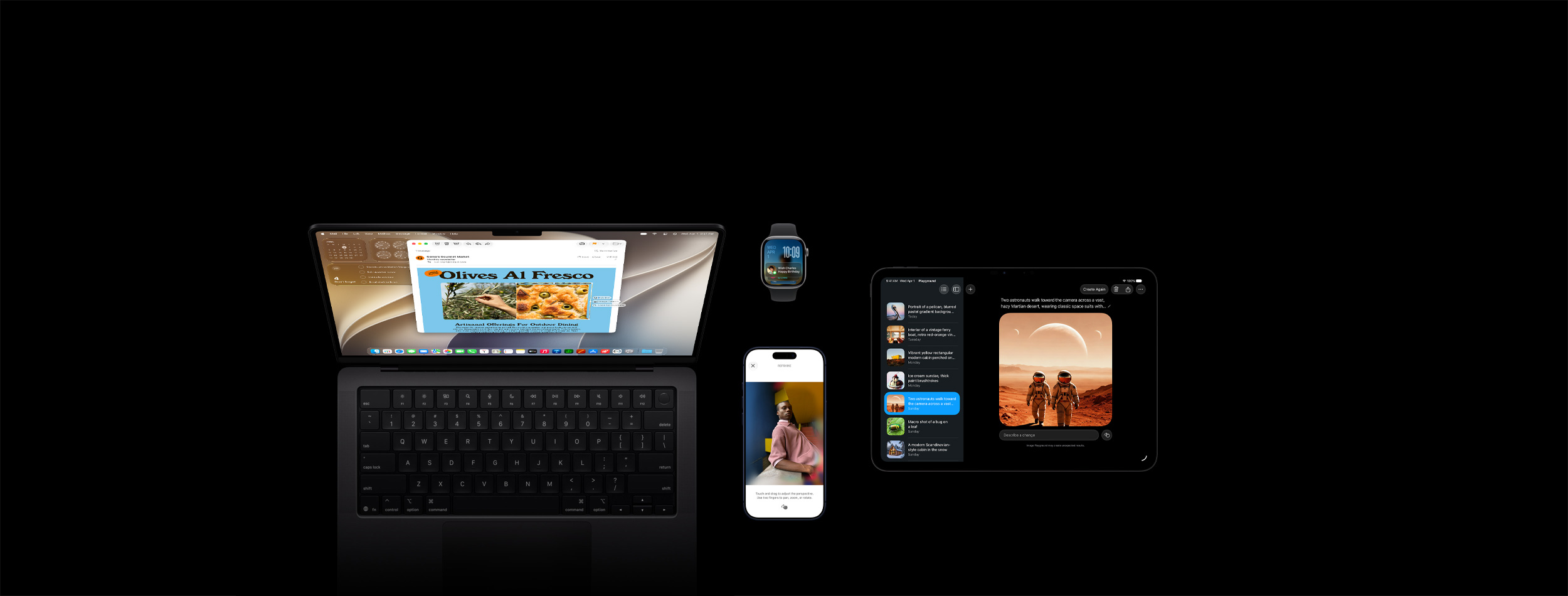 Čtyři produkty včetně temně modrého iPhonu 17 Pro, na kterém je vidět aktualizace kalendáře vygenerovaná pomocí Siri AI, 46mm vesmírně šedé Apple Watch Series 11, na kterých září Siri a kolem má otáčejí světla, 14palcový vesmírně černý MacBook Pro, na kterém je vidět ukázka vizuální inteligence – snímek obrazovky olivové focacci z e-mailu a dotaz Siri na tenhle obrázek, a 11palcový vesmírně černý iPad Pro, na kterém je aplikace Siri s aktivní konverzací se Siri a předchozími konverzacemi v bočním panelu.