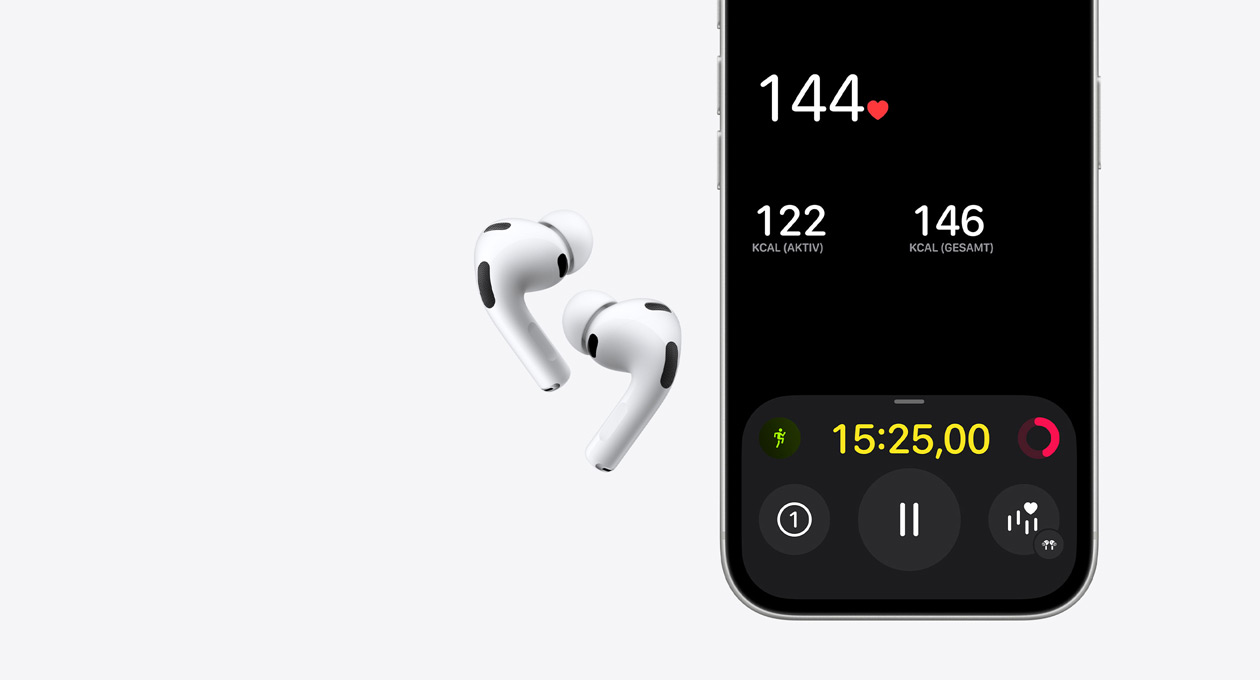 AirPods Pro 3, Farbe Weiß, untere Hälfte eines iPhone 17 Displays, Fitness App, Feature zur Herzfrequenzmessung
