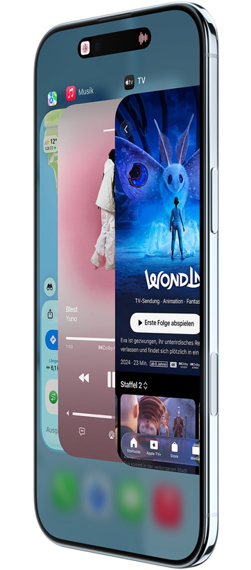 iPhone Air, Vorderseite, Seite, mit den Apps Karten, Musik und Apple TV+, das App-Umschalter Feature wird verwendet