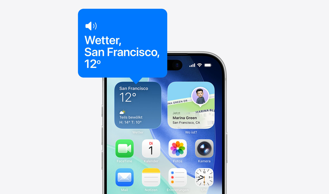 iPhone Homebildschirm, ein Symbol des Wetter Widgets wird mit VoiceOver laut vorgelesen