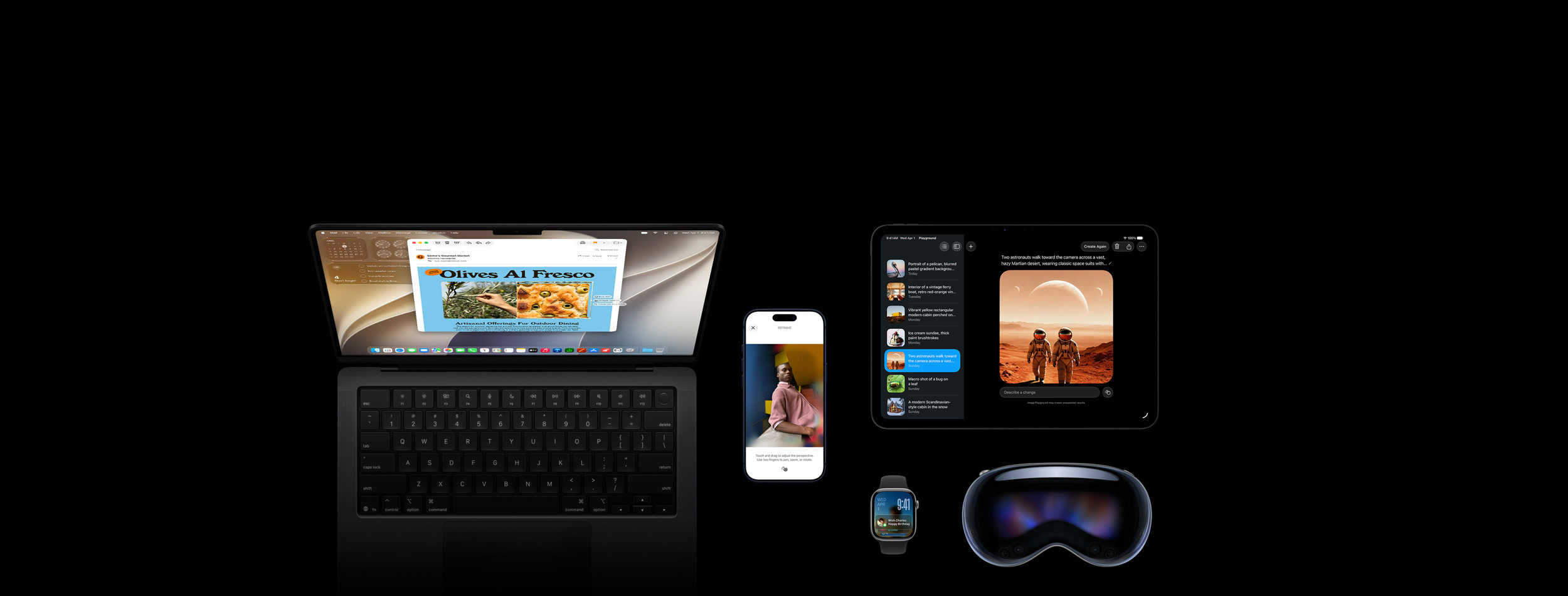 Fünf Produkte: Das iPhone 17 Pro in Tiefblau zeigt das Feature zum Bearbeiten von Fotos mit einem Bild einer Person, die sich gegen eine Theke lehnt, Apple Watch Series 11, 46 mm, Space Grau, zeigt das Datum und den Sperrbildschirm mit einer Erinnerung an einen Geburtstag im Smart Stapel, das 14 Zoll MacBook Pro, Space Schwarz, zeigt eine Demo zur Visuellen Intelligenz mit einem Bildschirmfoto einer Oliven-Focaccia aus einer E‑Mail und mehreren Anfragen zum Bild, und  das 11 Zoll iPad Pro, Space Schwarz, zeigt Image Playground mit dem Bild von zwei Astronauten, das aus einer Liste in der Seitenleiste ausgewählt wurde, Apple Vision Pro, Vorderansicht