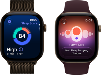 Kaks Apple Watch Series 12 seadet, tumeda pronksi toonis alumiiniumkorpus, uneskoori ringdiagramm, Digital Crown, tumeda pronksi toonis Milanese Loop rihm, heleda kulla toonis alumiiniumkorpus, tsükli jälgimine, burgundiapunane Sport Band