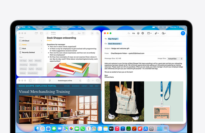 MacBook Neo, toonis indigo, ekraanil näidatakse raamatupoe uuele töötajale tervitusmeili koostamist, teistes akendes on Notes-dokument väljaõppe kohta ja raamatupoe töötajate portaali veebileht Safaris