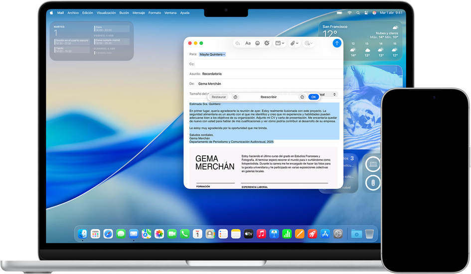 Un iPhone y un Mac con Herramientas de Escritura en la pantalla