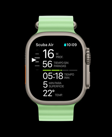 Apple Watch Ultra 3, color natural, caja de titanio, métricas de inmersión de Oceanic+: profundidad, tiempo de descompresión, tiempo de inmersión, minutos para superficie, temperatura del agua, correa Ocean, color verde neón