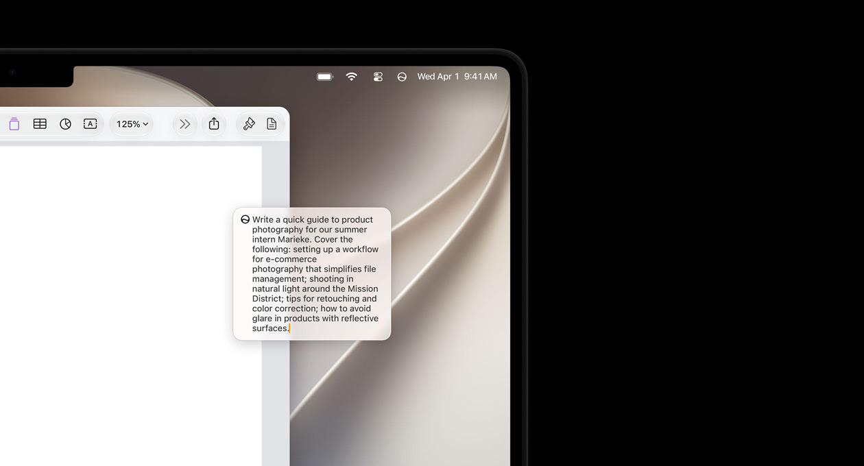 Canto superior esquerdo de um iPad. O ecrã apresenta um documento aberto na app Pages e uma sugestão do recurso «Write with Siri» para redigir texto.
