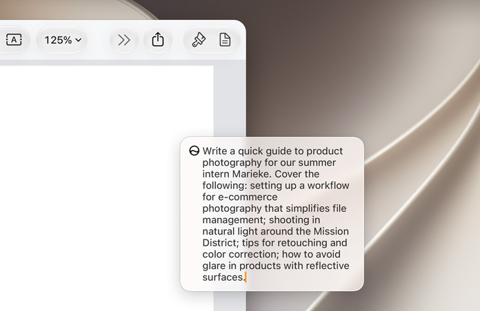 Ecrã do MacBook a mostrar a caixa Editar com Siri sobre um documento sem título que descreve um processo fotográfico a um novo membro da equipa