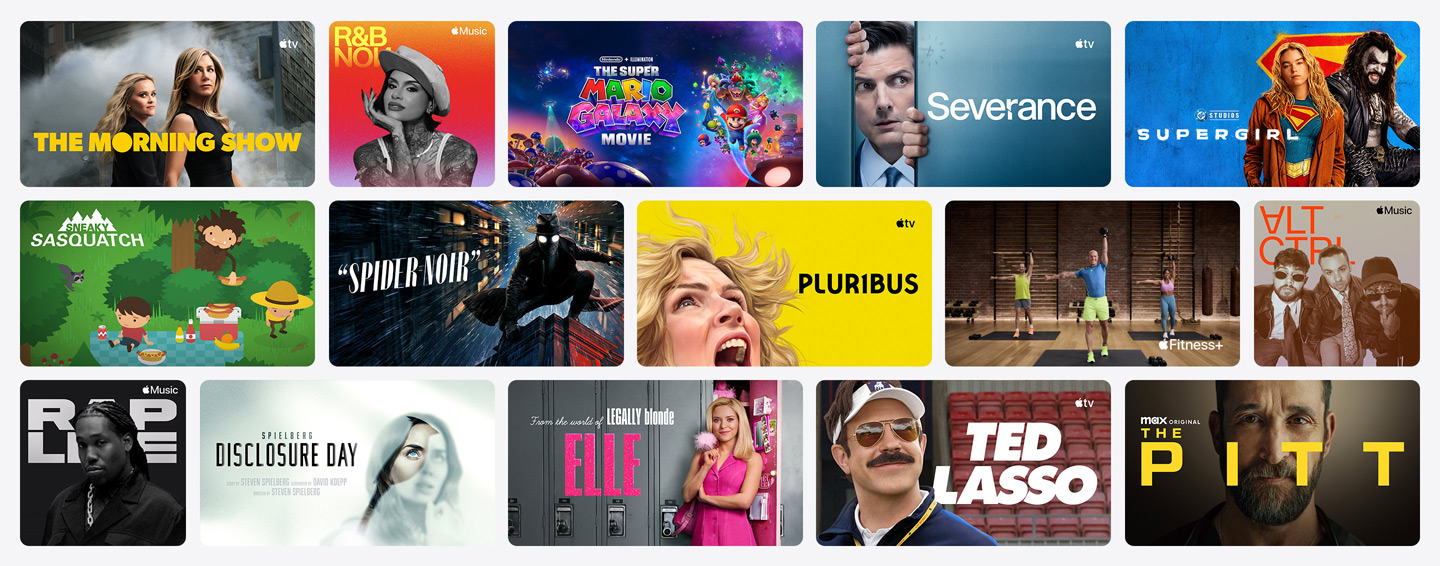 Raster met posterafbeeldingen van Apple TV, Apple Music, Apple Fitness+, Apple Arcade en channel partners