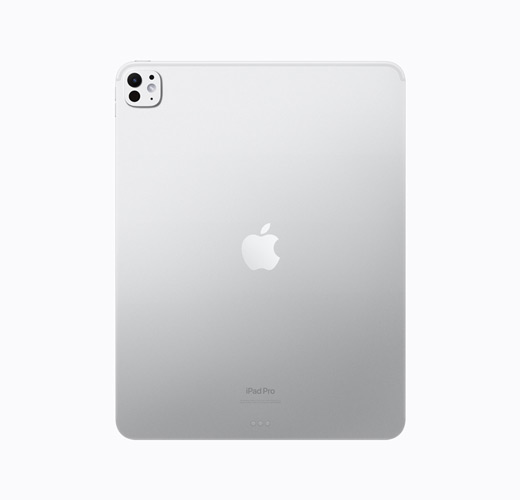iPad Pro i sølv, vist bakfra, med en blank sølvfarget Apple-logo.