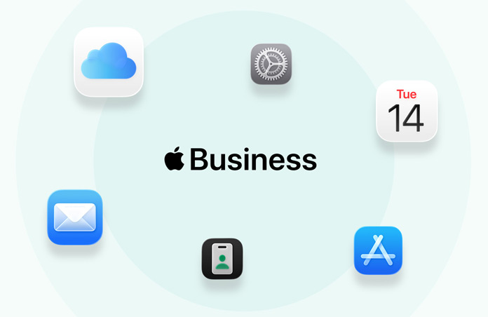 Apple Business, rodeado por ícones de apps: iCloud, Definições, Mail, Calendário, App Store e app Apple Business
