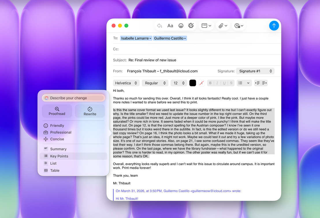 Mail-appi ja Apple Intelligencen kirjoitustyökalut-paneeli, tärkeimmät-vaihtoehto korostettuna