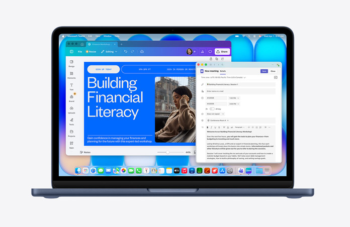 Keskiyönsininen MacBook Neo, näytöllä esillä verkkosivu nimeltään ”Building Financial Literacy” kuvituksenaan henkilö, avoinna oleva sähköpostiluonnos, valikkorivi, jossa on useita kuvakkeita, sekä alareunassa Dock, jossa on appikuvakkeita