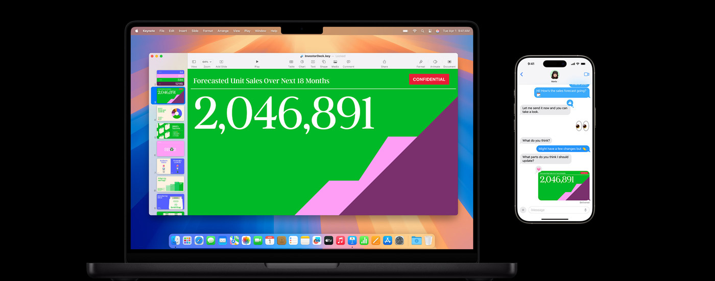 Macin näytöllä näkyy esitys ja tekstiviestikeskustelu, jossa on linkki esitykseen.