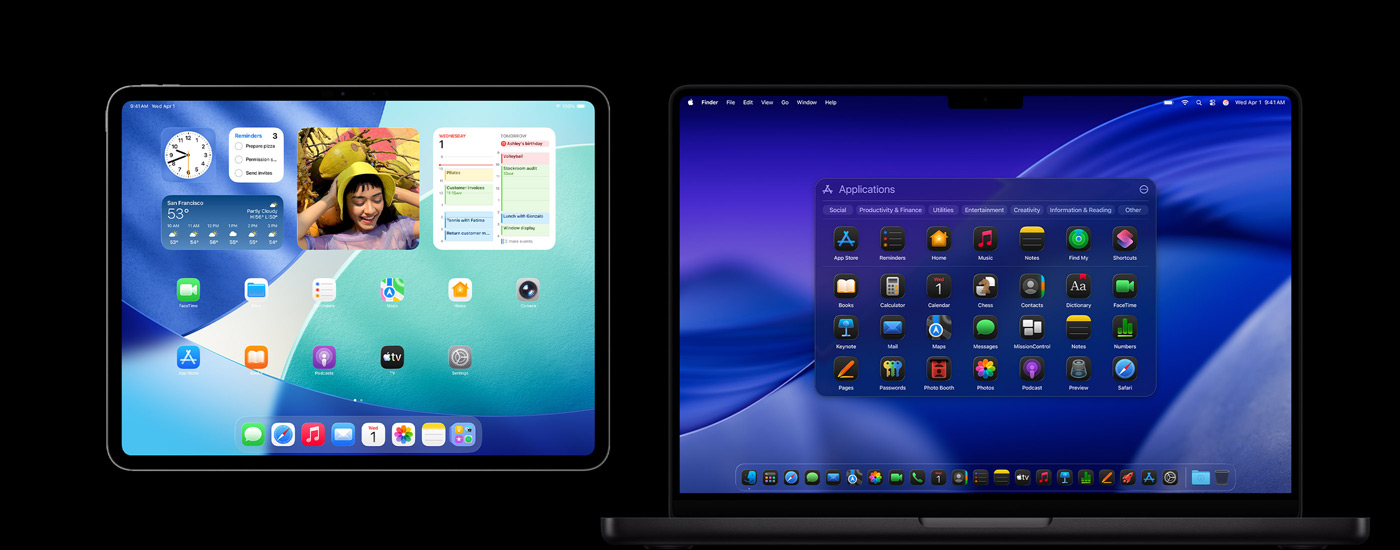 An iPad and a Mac displaying various app icons. The iPad shows several widgets, including Calendar, Weather and Photos. In background of Mac is macOS Tahoe.