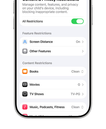 Un iPhone muestra opciones de contenido y restricciones de privacidad de una Cuenta Infantil.