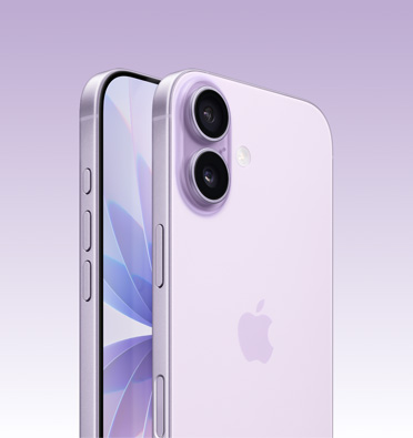 Schräge Seitenansicht des iPhone 17 in Lavendel mit Teil des Displays, Actiontaste, Lautstärketasten und Seitentaste. Die Rückansicht zeigt das fortschrittliche Zwei-Kamera-System oben links.