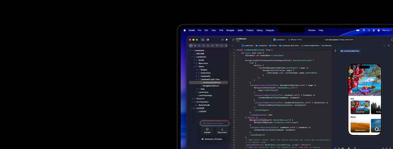 Xcode kører på Mac med AI-kodningsassistenten Claude Agent og preview af apps på iPhone