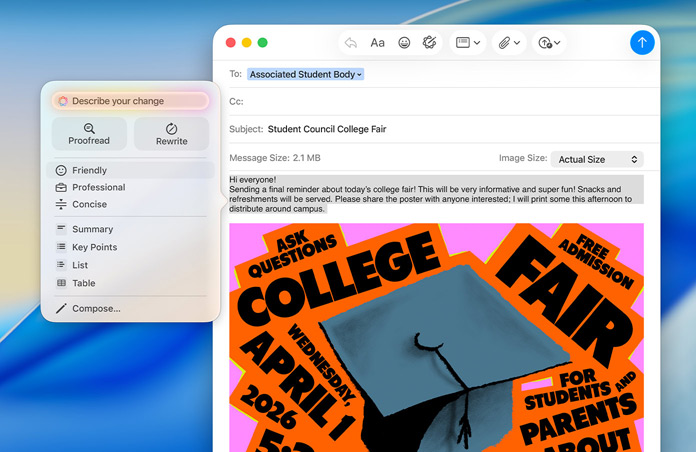 En mail om en studiemesse i Mail på Mac med åbne Skriveværktøjer fra Apple Intelligence og muligheder for at læse korrektur eller omskrive ordlyden i mailen