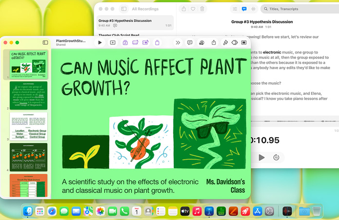 Lo schermo di un Mac con una presentazione su Keynote intitolata “Can Music Affect Plant Growth?” e una trascrizione di Memo Vocali, a riprova della versatilità del dispositivo