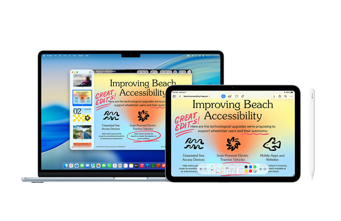 Un Mac e un iPad con la stessa presentazione e le stesse note rosse scritte con una Apple Pencil, a mostrare le funzioni di Continuity tra i dispositivi; è presente anche una Apple Pencil mostrata frontalmente