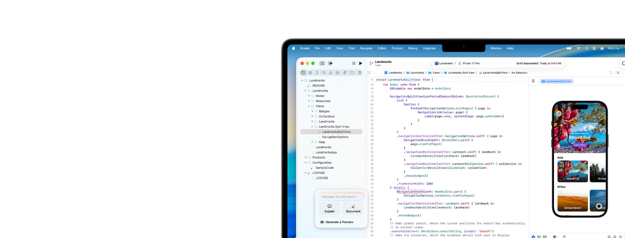 Xcode kører på Mac med AI-kodningsassistenten Claude Agent og preview af apps på iPhone