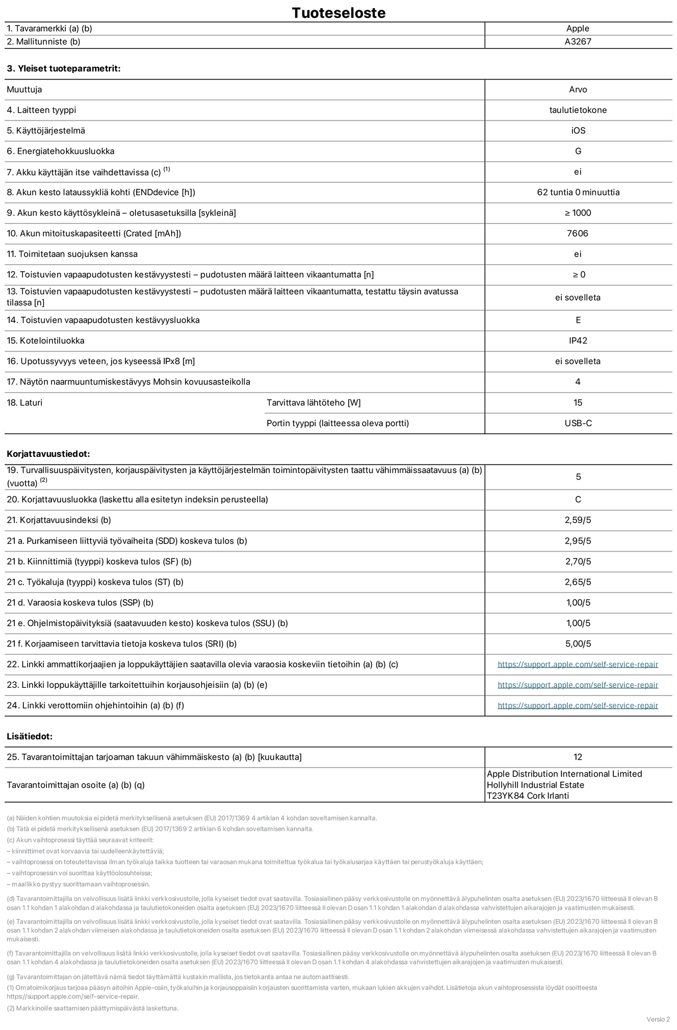 11 tuuman iPad Airin tuotetiedot (Wi-Fi + Cellular), malli A3267. Toimittaja: Apple UK Ltd, 100 New Bridge Street, London EC4V 6JA. Laitteen tyyppi: tabletti. Käyttöjärjestelmä: iOS. Energiatehokkuusluokka vakiotason dynamiikka-alueella (SDR): G. Akun kesto: 62 tuntia. Akun kesto käyttösykleinä: ≥ 1 000. Akun mitoituskapasiteetti: 7 606 mAh. Toistuvien vapaapudotusten kestävyystesti – pudotusten määrä laitteen vikaantumatta: ≥ 0. Toistuvien vapaapudotusten kestävyysluokka: E. Kotelointiluokka: IP42. Näytön naarmuuntumiskestävyys Mohsin kovuusasteikolla: 4. Laturin tarvittava lähtöteho: 15 W. Laturin portin tyyppi: USB-C. Turvallisuuspäivitysten, korjauspäivitysten ja käyttöjärjestelmän toimintopäivitysten taattu vähimmäissaatavuus: 5 vuotta. Korjattavuusluokka: C. Korjattavuusindeksi: 2,59/5. Purkamiseen liittyviä työvaiheita koskeva tulos: 2,95/5. Kiinnittimiä (tyyppi) koskeva tulos: 2,70/5. Työkaluja koskeva tulos: 2,65/5. Varaosia koskeva tulos: 1,00/5. Ohjelmistopäivityksiä koskeva tulos: 1,00/5. Korjaamiseen tarvittavia tietoja koskeva tulos: 5,00/5. Linkki ammattikorjaajien ja loppukäyttäjien saatavilla olevia varaosia koskeviin tietoihin: https://support.apple.com/self-service-repair. Linkki loppukäyttäjille tarkoitettuihin korjausohjeisiin: https://support.apple.com/self-service-repair. Linkki verottomiin ohjehintoihin: https://support.apple.com/self-service-repair. Yleistakuun kesto 12 kuukautta.