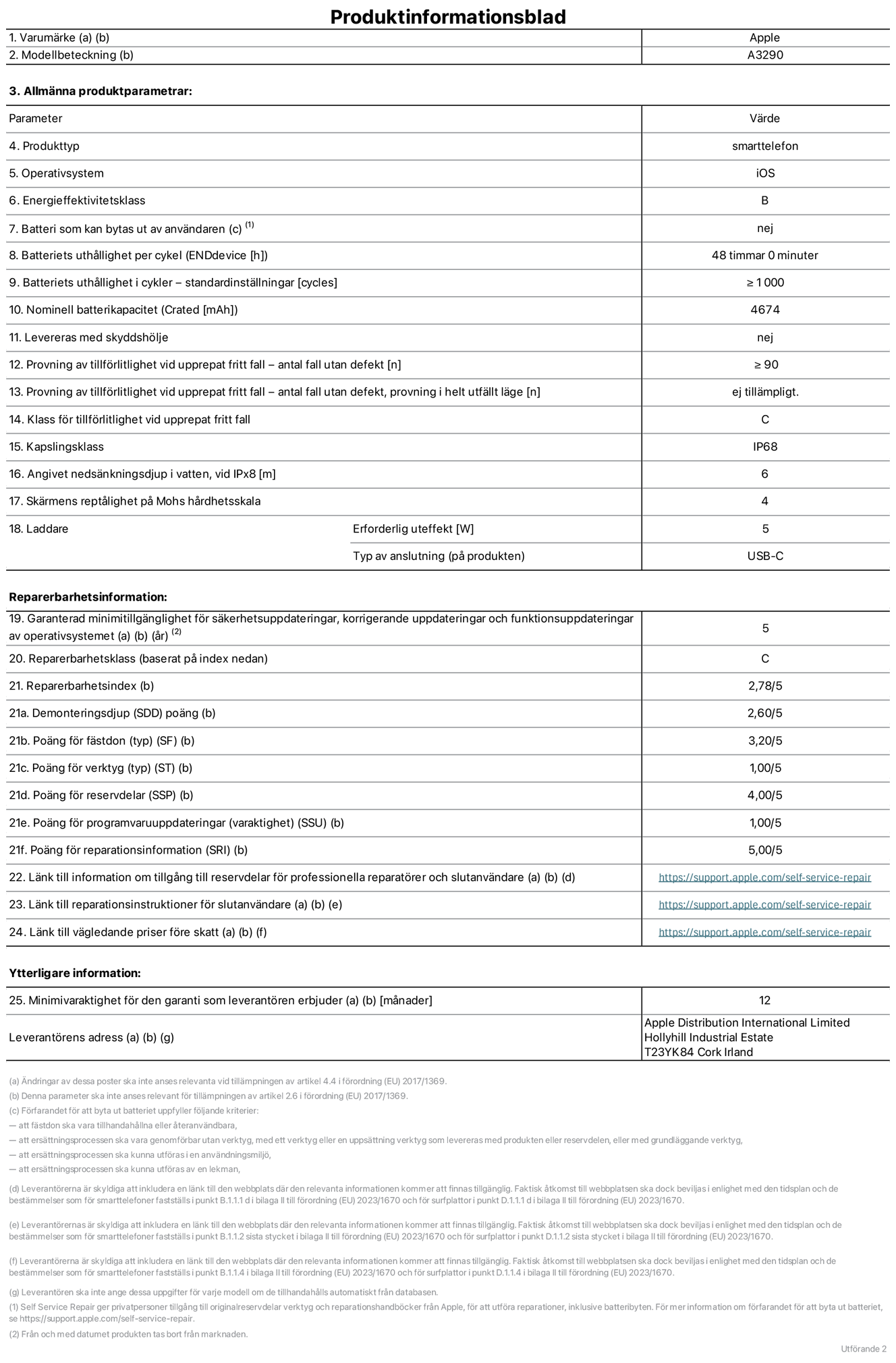 Produktinformationsblad för iPhone 16 Plus, modell A3290. Tillhandahålls av Apple Distribution International Limited, Hollyhill Industrial Estate. Cork, Irland T23 YK84. Enhetstyp: smartphone. Operativsystem: iOS. Energieffektivitetsklass: B. Batteri som kan bytas ut av användaren: nej. Batteritid per laddningscykel: 48 timmar. Batteriets livslängd i antal cykler – standardinställningar: ≥ 1000. Nominell batterikapacitet: 4674 mAh. Levereras med skyddsfodral: nej. Tillförlitlighetstest vid upprepat fritt fall – antal fall utan defekter: ≥ 90. Tillförlitlighetstest vid upprepat fritt fall – antal fall utan defekter testat i helt utfällt läge: ej tillämpligt. Tillförlitlighet vid upprepat fritt fall: klass C. IP-klass: IP68. Angivet nedsänkningsdjup vid iPx8: 6. Skärmens reptålighet enligt Mohs hårdhetsskala: 4. Laddare – uteffekt som krävs: 5 W. Typ av uttag på laddaren: usb-c. Garanterad minimiperiod för tillgång till säkerhetsuppdateringar, korrigerande uppdateringar och funktionsuppdateringar av operativsystemet: 5 år. Reparerbarhetsklass: C. Reparerbarhetsindex: 2,78/5. Poäng för demonteringsdjup (SDD): 2,60/5. Poäng för fästen: 3,20/5. Poäng för verktyg: 1,00/5. Poäng för reservdelar: 4,00/5. Poäng för mjukvaruuppdateringar: 1,00/5. Poäng för reparationsinformation: 5,00/5. Länk till information om tillgängliga reservdelar för professionella reparatörer och slutanvändare: https://support.apple.com/self-service-repair. Länk till reparationsanvisningar för slutanvändare: https://support.apple.com/self-service-repair. Länk till vägledande priser före skatt: https://support.apple.com/self-service-repair. Produkten omfattas av 12 månaders garanti.