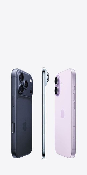 En iPhone 17 Pro vises bakfra med Pro Fusion-kamerasystemet tvers over øverst, en sylslank iPhone Air i titan vises fra siden, og en iPhone 17 vises bakfra med Dual Fusion-kamerasystemet oppe i venstre hjørne.