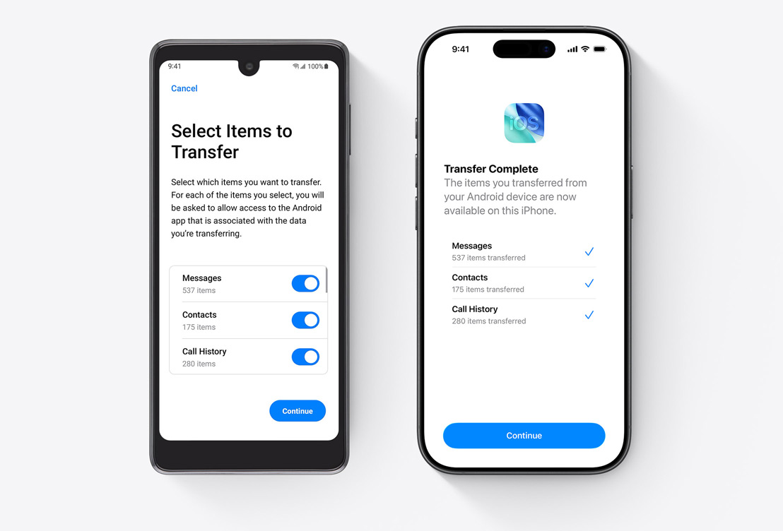 En Android-telefon og en iPhone ligger side om side. Begge viser Flytt til iOS-appen på skjermen.