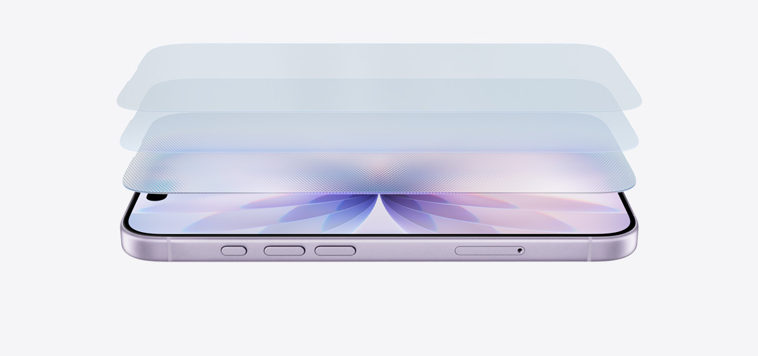 iPhone 17 i farven lavendel ligger vandret, et lagdelt design viser Ceramic Shield 2