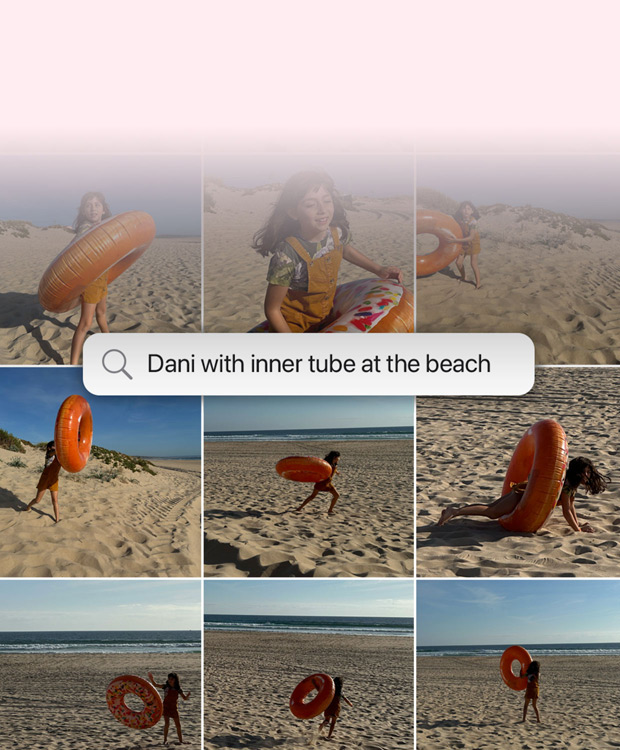 Ominaisuuden esittely: Luonnollisen kielen kuvahaku. Hakupyyntö Kuvat-apissa ja tulokset lauseen ”Katie tarroja kasvoillaan” pohjalta