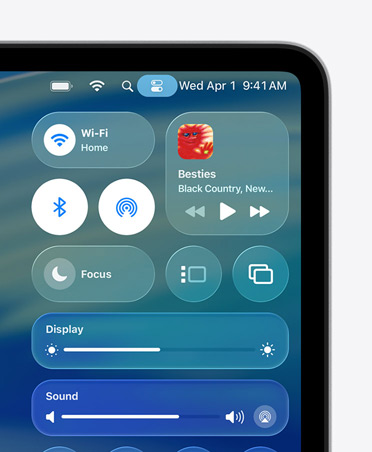 Right side of Mac screen showing Liquid Glass custom controls, like Wi‑Fi and Bluetooth, in Control Centre