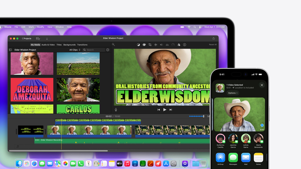 MacBook Neo, silver color, showing iMovie window titled Elder Wisdom Project, next to iPhone showing video of one of the people pictured in iMovie window, below video is a list of sharing options, including AirDrop