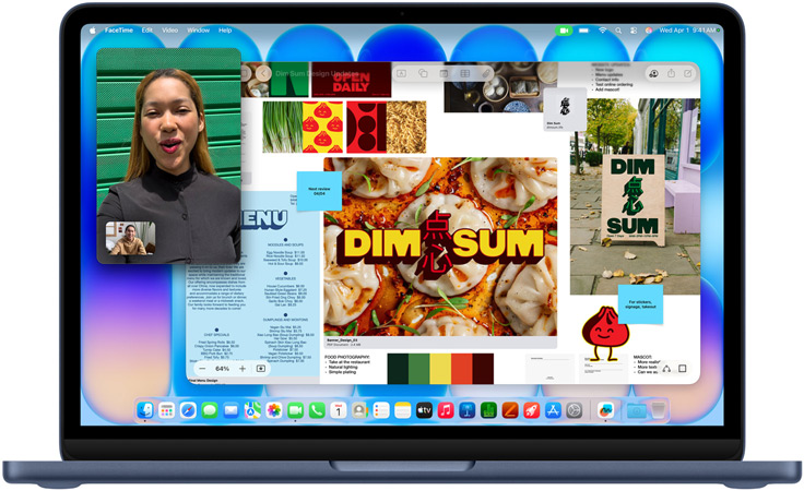 På en MacBook Neo i fargen indigo er en videosamtale på gang og et Freeform-vindu er åpent med en menu, bilder av mat og illustrasjoner for en dim sum-restaurant.
